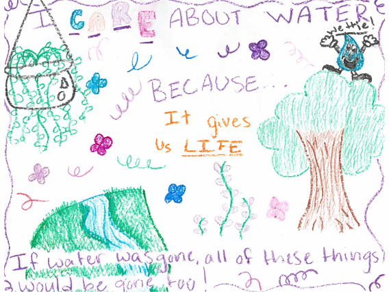 On a white background, a hanging plant, a green hillside with water running through it, a tree, and Wettie, the Water Wise mascot. The text I CARE about water because it gives us LIFE. If water was gone, all of these things would be gone, too!"