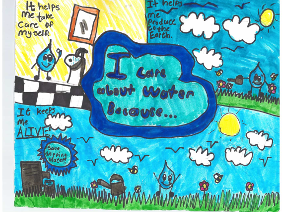 The text "I care about water because" is in the center of three sections. Upper left section says "It helps me take care of myself" and shows a water drop in a bathroom. Upper right says "It helps me produce of the Earth" and shows a water drop on a sunny day watering flowers and grass. Bottom says "It keeps me ALIVE" and shows water drop in a field of grass and flowers.