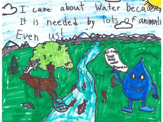 Text on a background of blue sky and green grass and mountains says "I care about water because it is needed by lots of animals, even us!" A tree and a moose and Wettie the Water Drop are in the foreground. Fish swim in the stream.