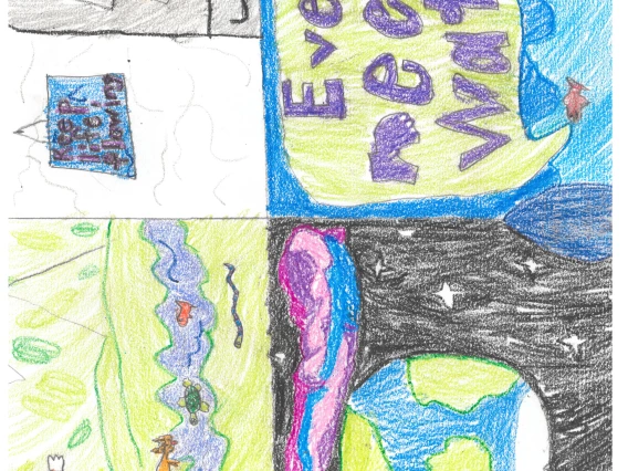 Four quadrants show a stream, a refrigerator with a hand holding a glass to it that says "water is for everyone." Earth out in space. And text that says "Everyone needs water."