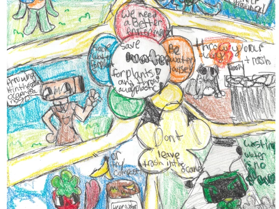 A collection of drawings  with characters saying various things about water with a flower in the middle