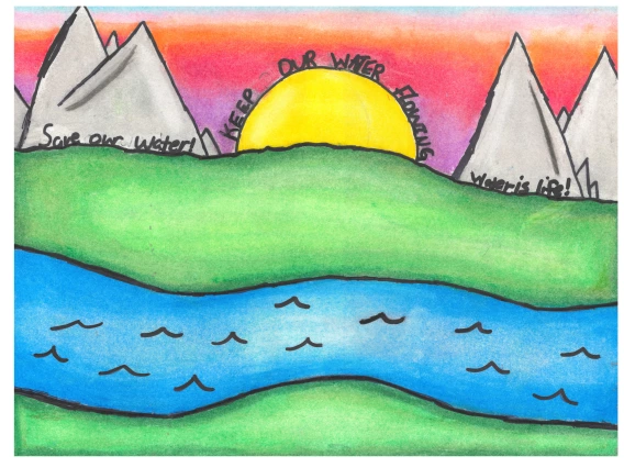 A scene with mountains, a river, and a sunset sky.