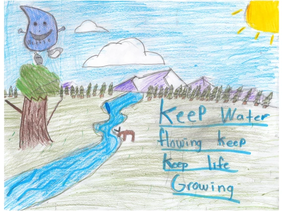 A stream flows through a field, and text says "Keep Water Flowing, Keep Life Growing"