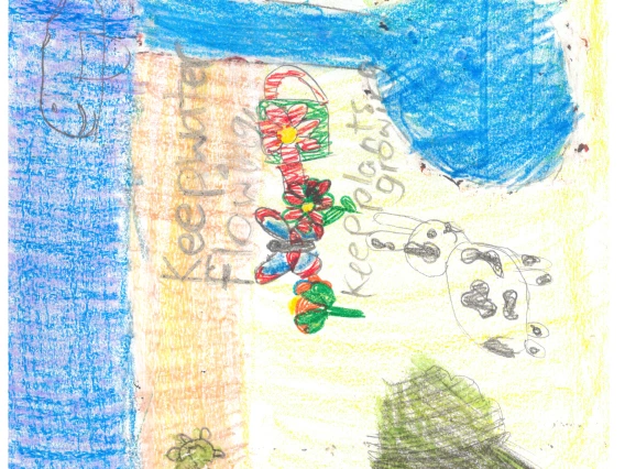 A scene with water that says "Keep Water Flowing, Keep Plants Growing"
