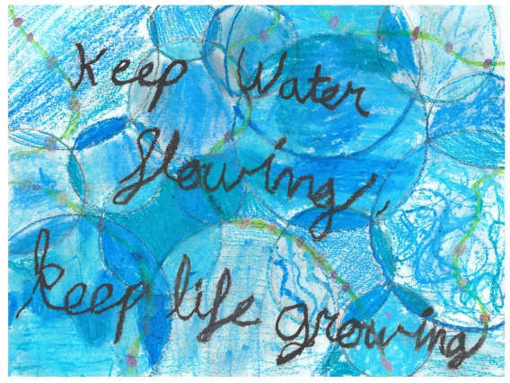 Text "Keep Water Flowing, Keep Life Growing" is written in black against a background of blue overlapping circles