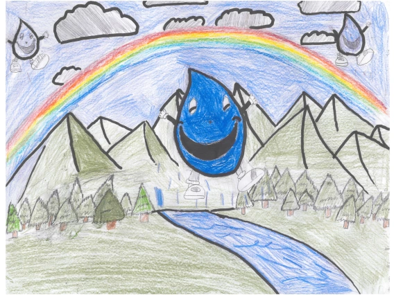 A smiling Wettie floats in the air against a backdrop of mountains, a forest, and a river.