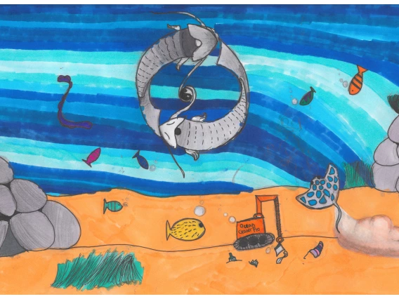 Two fish circle each other near the bottom of the sea. A trash collector passes by fish at the bottom of the ocean.