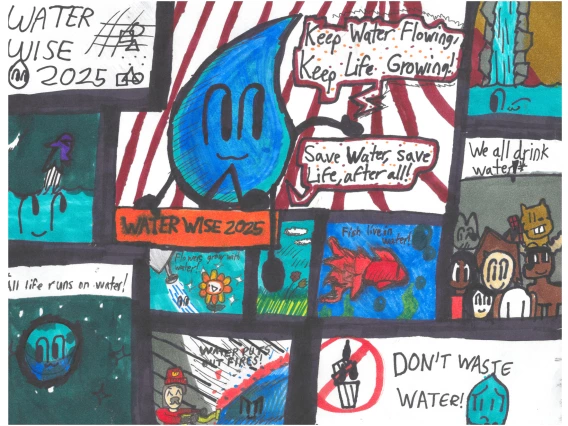 A water conservation poster with a water drop that says Keep Water Flowing, Keep Life Growing