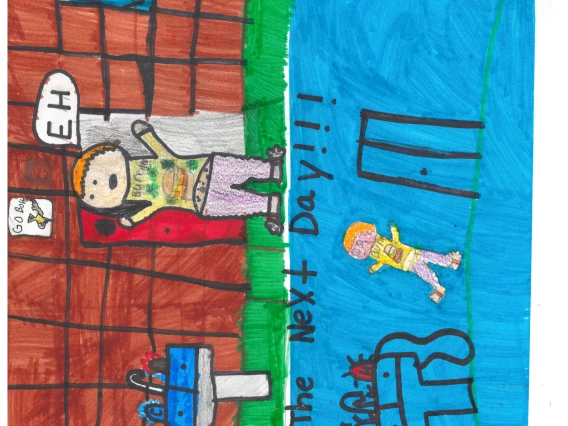 A child in a bathroom on the top leave the the sink on with text "Don't Waste Water." On the bottom, text says "The next day" and the bathroom is flooded.