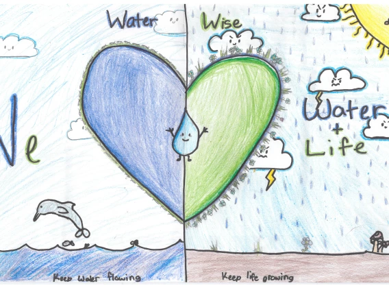 A drawing that says "We [Heart] Water and Life", with one half that has an ocean and a leaping dolphin, and the other half that shows a sunny rainstorm over land.