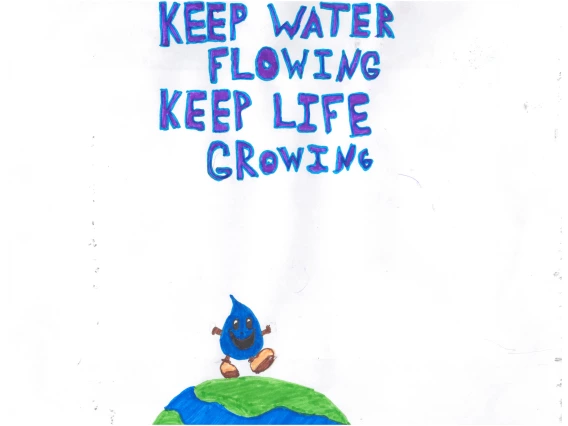 Test Says "Keep Water Flowing, Keep Life Growing." Wettie stands atop the Earth