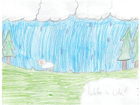 A lamb walks through a forest on against a clear blue sky. Text says "Water Is Life!"