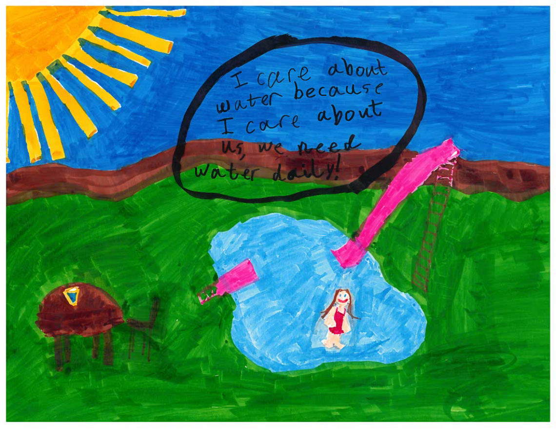 A poster submission showing a sun shining in a blue sky over a green field. A deer is near a pond and a child plays in the pond. Text in black in the sky says "I care about water because I care about us and we need water daily!"