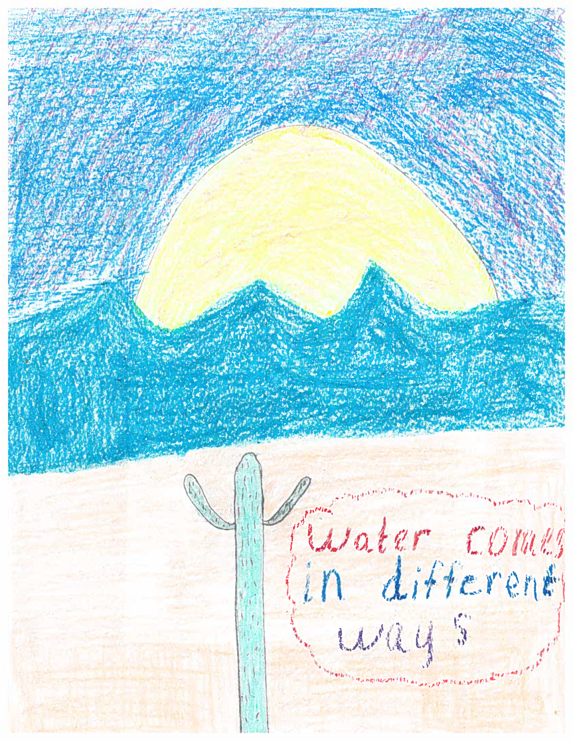 A sun sets in a blue sky with ocean waves in the background. In the foreground is a sandy ground with a saguaro cactus, with the text "Water comes in different ways"