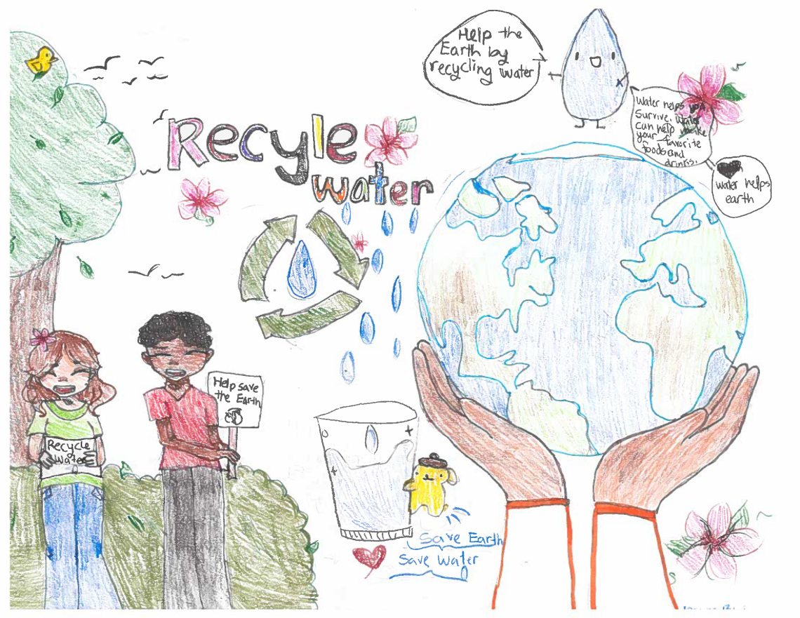 On a white background is a tree and grass with two children standing beneath it holding signs that say "Recycle water" and "Help save the earth." Text says "Recycle Water" with a recycle symbol around a drop of water. Water drops fall into a cup held by a yellow bunny wearing a hat. Hands hold the earth.