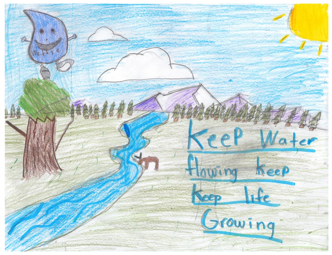 A stream flows through a field, and text says "Keep Water Flowing, Keep Life Growing"