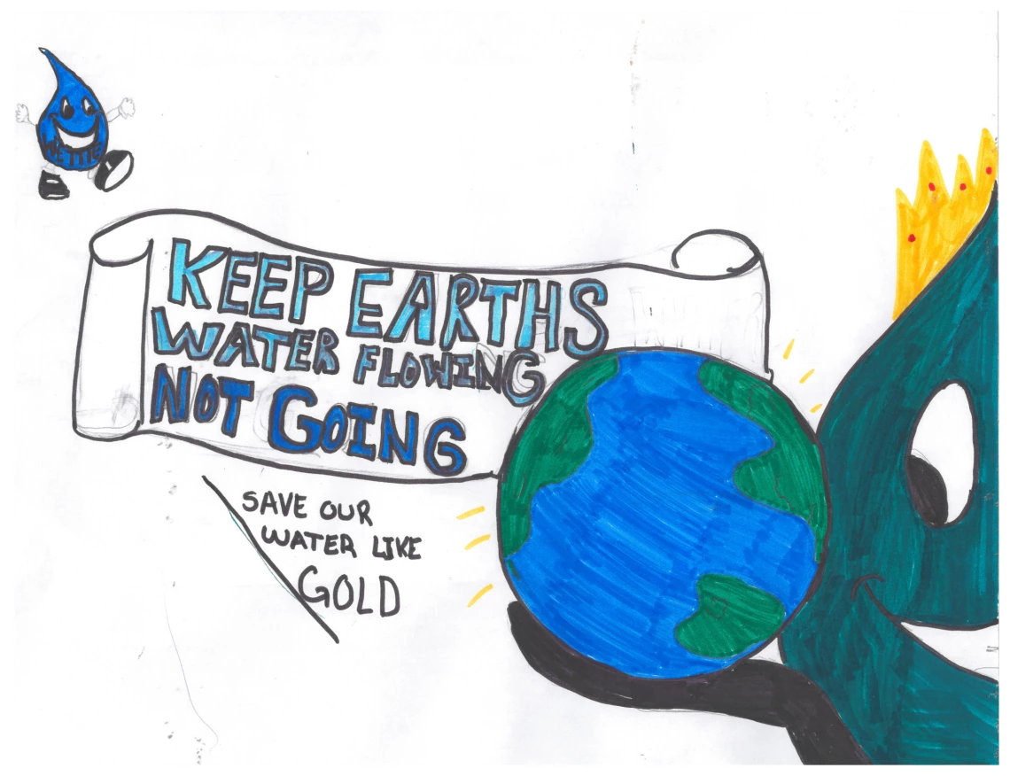 Text reads "Keep Earth's Water Flowing Not Going, Save Our Water Like Gold". Wettie holds an Earth in its hands.