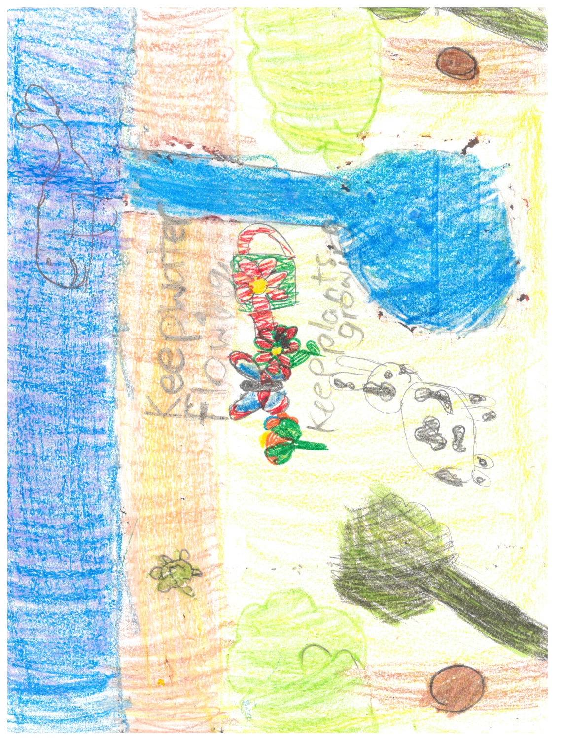 A scene with water that says "Keep Water Flowing, Keep Plants Growing"