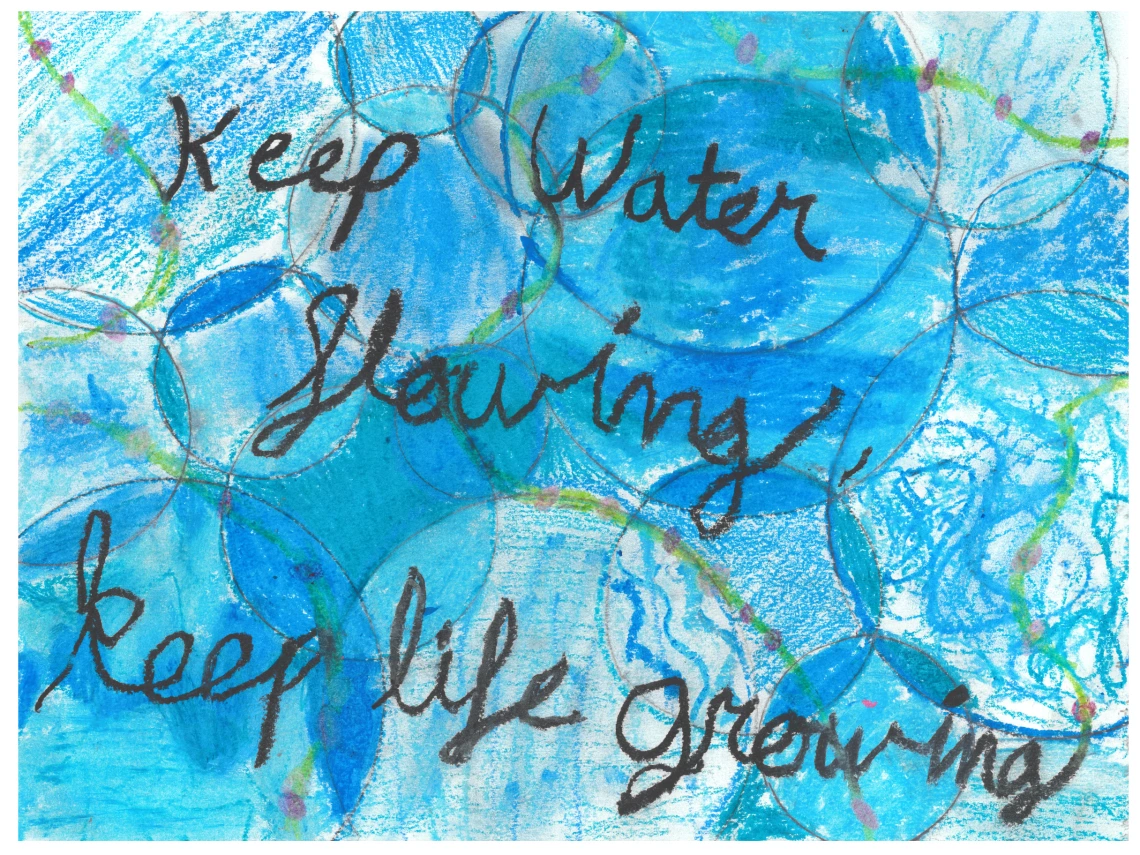 Text "Keep Water Flowing, Keep Life Growing" is written in black against a background of blue overlapping circles