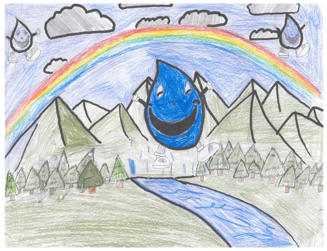 A smiling Wettie floats in the air against a backdrop of mountains, a forest, and a river.