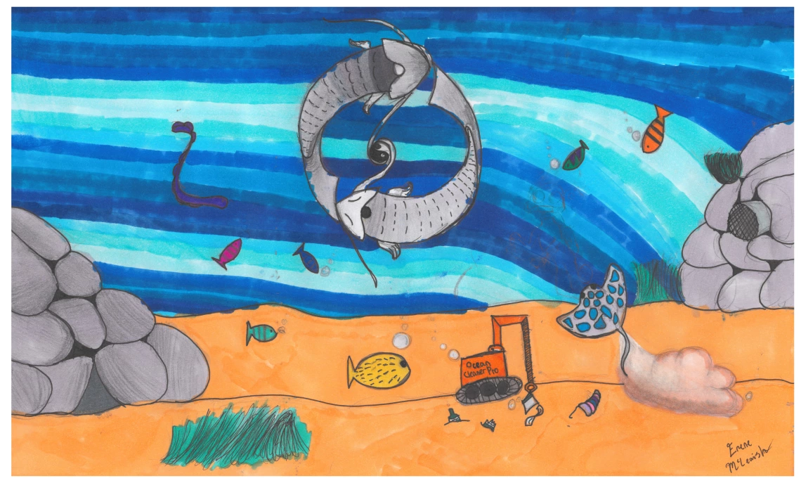 Two fish circle each other near the bottom of the sea. A trash collector passes by fish at the bottom of the ocean.