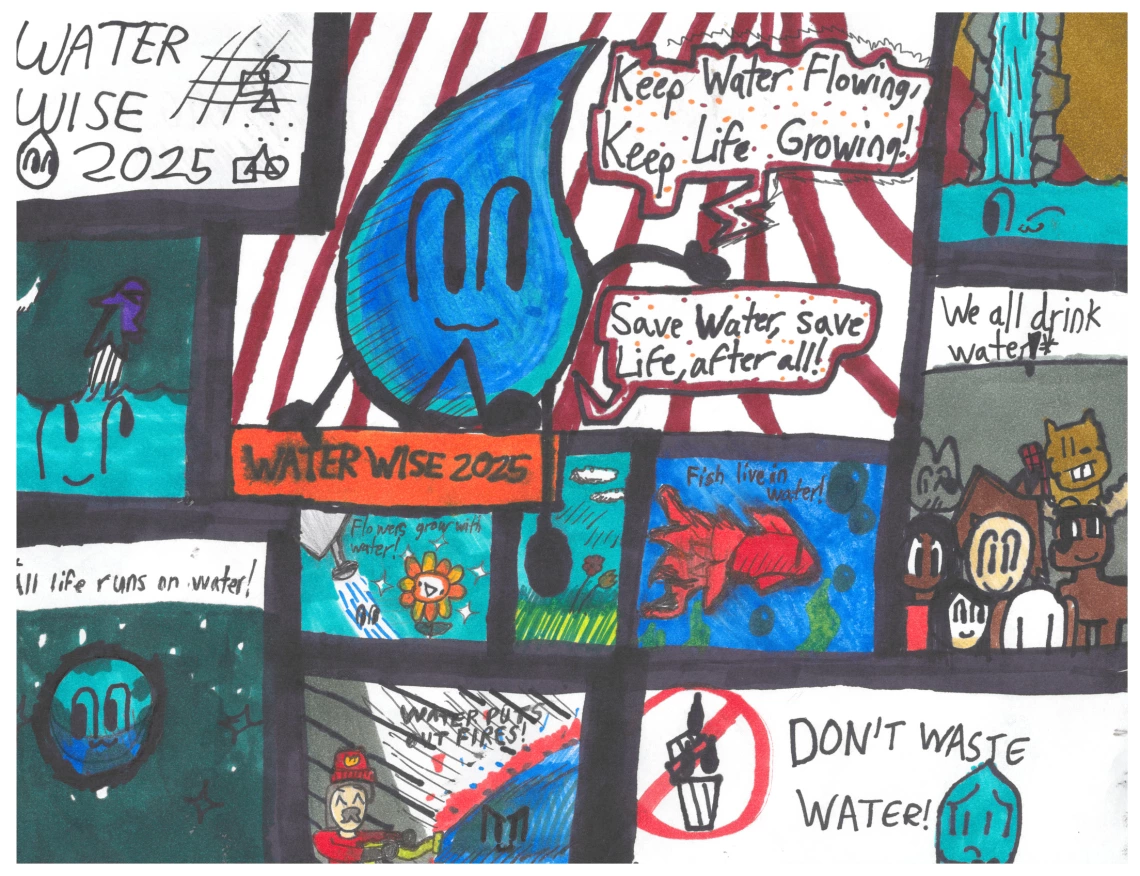 A water conservation poster with a water drop that says Keep Water Flowing, Keep Life Growing