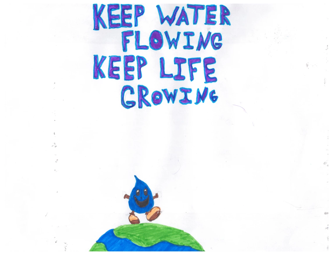 Test Says "Keep Water Flowing, Keep Life Growing." Wettie stands atop the Earth